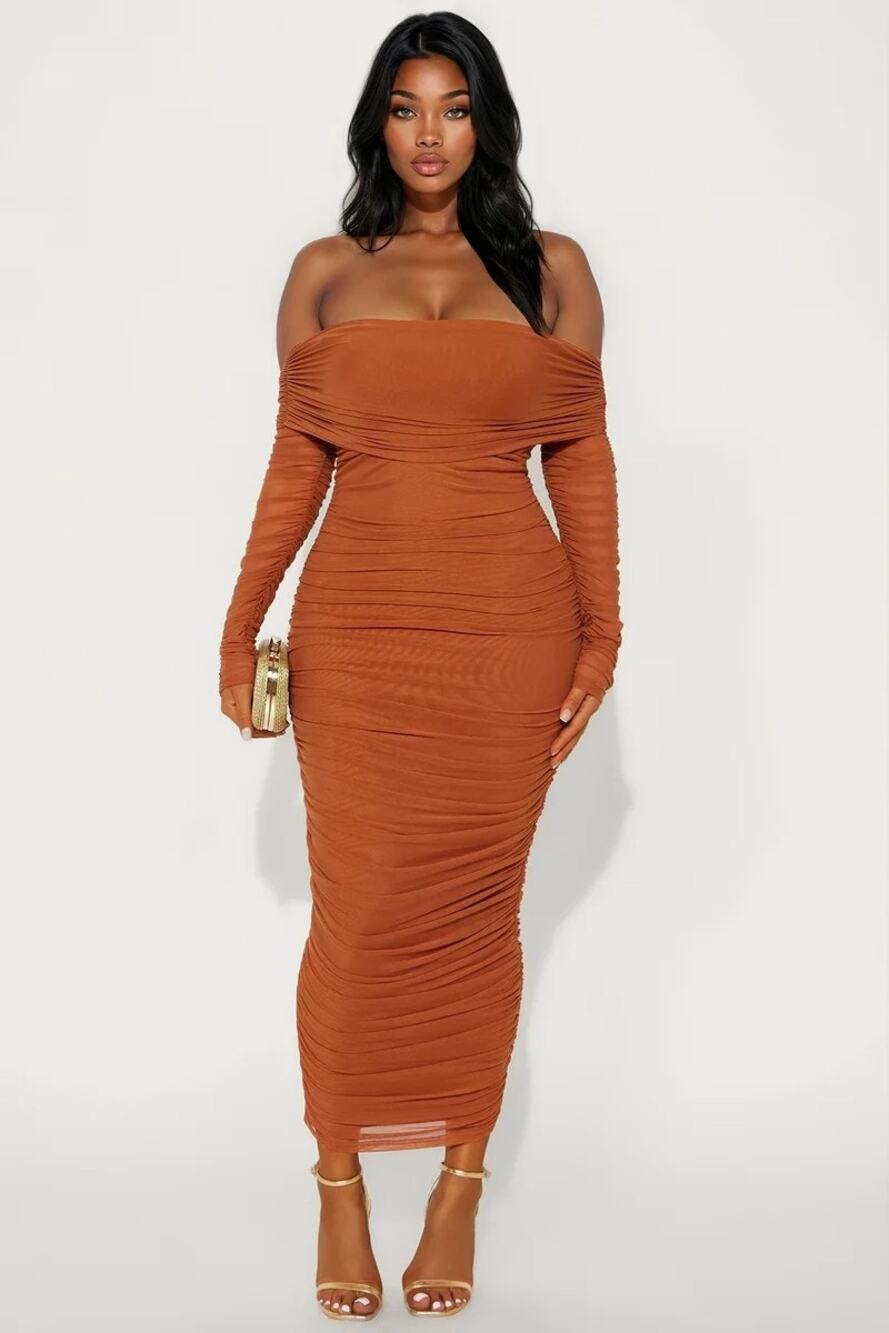 PrettyGarden Rust Ruched Off Shoulder Maxi Dress Medium NWT Long Sleeve Bodycon